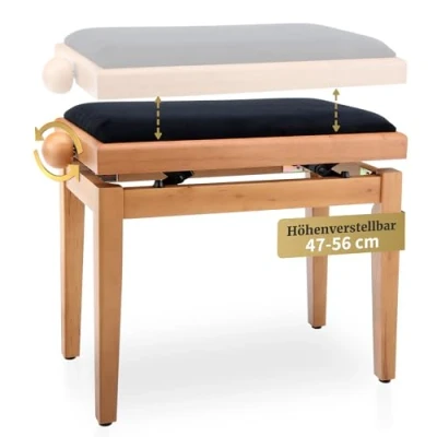 Obrázek Lavička k pianu Classic Cantabile (velmi stabilní, vřetenová mechanika, nastavitelná výška 4756 cm, sedací plocha 55 x 32 velurový potah)