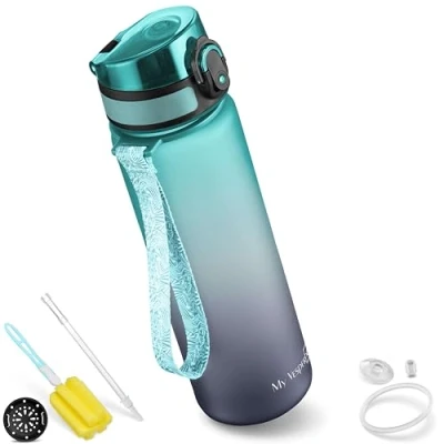 Obrázek My Vesperbox Minny Kinder Trinkflasche auslaufsicher 350ml, 500ml, 750ml mit Strohhalm oder Sieb leichte Tritan Wasserflasche BPA frei für Kindergarten, Schule (Grau/Blau 500ml)