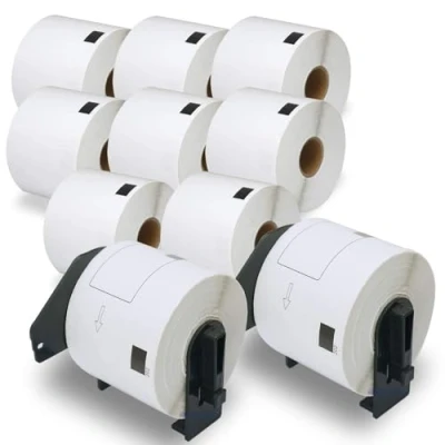 Obrázek BETCKEY 10 rolí DK 11202 přepravní štítky kompatibilní s Brother, 62 mm x 100 mm, 3000 etiket pro tiskárnu štítků Brother QL (2 opakovaně použitelné držáky štítků)