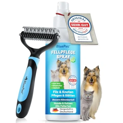 Obrázek BluePet SET rozplňovací sprej + odfilcovač pro psy a kočky = jemné odstranění filcu I proti plsti na srst domácí zvířata Made in Germany Aloe Vera, bambucké máslo &amp; jojobový olej