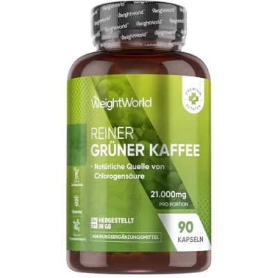 Obrázek zelená káva 21. 000 mg Alternativa ke zelenému čaji a kofeinovým tabletám extrakt ze zelených kávových zrn 90 kapslí superfood s kyselinou chlorogenovou kofeinem