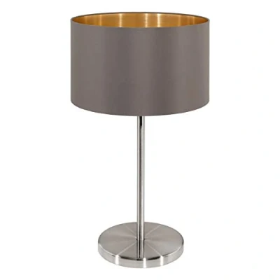 Obrázek EGLO stolní lampa Maserlo, 1 plamenná textilní lampa, na noční stolek z oceli a látky, barva: matný nikl, cappuccino, zlatá, objímka: E27, vč. vypínače