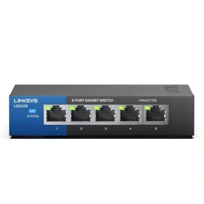 Obrázek Linksys LGS105 EU 5 Port nespravovaný gigabitový síťový přepínač Ethernet Switch/Hub s kovovým krytem, rozdělovač umístění na stěnu nebo psacím stole v kanceláři doma, Plug and Play