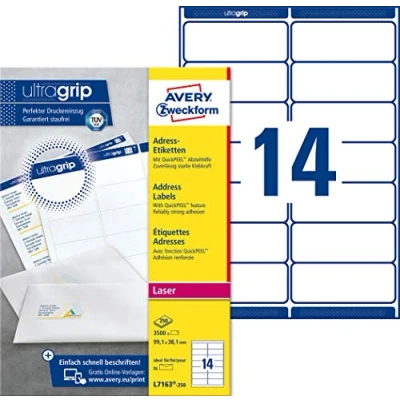 Obrázek AVERY Zweckform L7163 250 adresové štítky/adresní nálepky (3 500 etiket s ultragrip, 99,1 x 38,1 mm na A4, potištěné, samolepicí, pro dopisní obálky DIN dlouhé, matný) listů, bílá