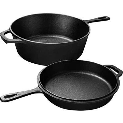 Obrázek KICHLY Předkořeněný hrnec Dutch Oven duální funkce, pekáč, litinový litinová pánev na sporák a kempování, pro venkovní vnitřní použití sada 3 l / 3.2 Quart vaření (2 v 1)