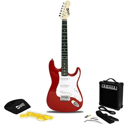 Obrázek RockJam Full Size Electric Guitar Kit with 10 Watt Amp, Lessons, Strap, Gig Bag, Picks, Whammy, Lead and Spare Strings Red