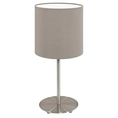 Obrázek EGLO stolní lampa Pasteri, 1 plamenná textilní lampa, na noční stolek z oceli a látky, barva: matný nikl, šedohnědá, objímka: E14, vč. vypínače, V: 27,5 cm
