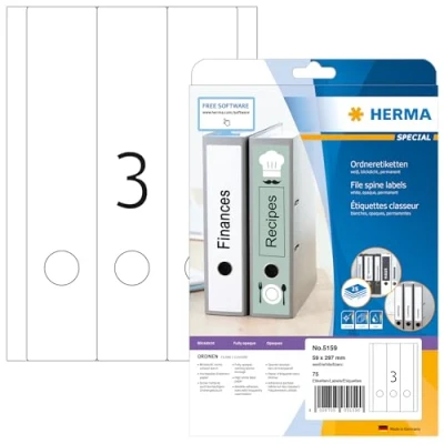 Obrázek HERMA 5159 hřbety pořadačů etikety dlouhé, široké, 25 listů, 59 x 297 mm, 3 na arch A4, 75 kusů, samolepicí, potiskovatelné, neprůhledné, prázdné papírové štítky pořadače, samolepicí nálepky, bílé
