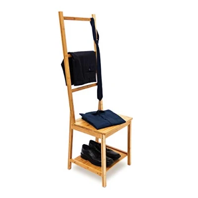 Obrázek Relaxdays 10019172 Židle na šaty z bambusu jako pánský sluha se 2 přihrádkami V x Š H 133 40 42 cm Tichý ze dřeva 3 vzpěrami tyče ručníky do koupelny s držákem nebo