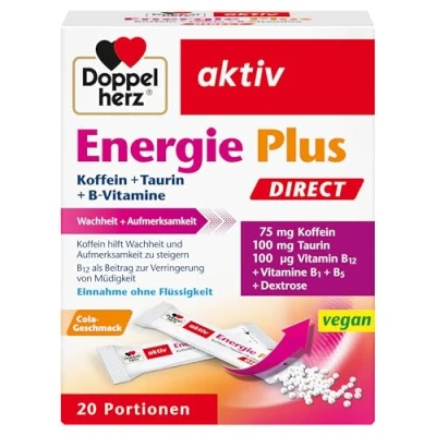Obrázek Doppelherz Kofein Energie Plus + taurin vitamíny B DIRECT s vitamínem B1, B5 (kyselina pantothenová) a B12 jako příspěvek k energetickému metabolismu 20 porčních sáčků