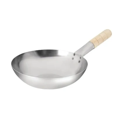 Obrázek Vogue Pánev Wok s plochým dnem z oceli, 240 mm, tepelně odolná dřevěná rukojeť, rustikální design, pro použití v restauracích a soukromé kuchyni, K295