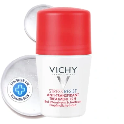 Obrázek VICHY Deo Roll on Intensiv Anti Transpirant Stress resist, Pro lehce podrážděnou pokožku, účinek 72 hodin, s antiperspiračními účinnými látkami a absorpčními minerály, dermo tolerance, 50 ml