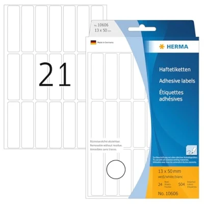 Obrázek HERMA 10606 víceúčelové etikety odstranitelné, 504 kusů, 13 x 50 mm, 21 na arch, samolepicí, štítky pro domácnost k popisování, matné, prázdné papírové lepicí nálepky, bílé