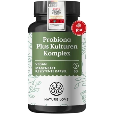 Obrázek NATURE LOVE® Probiona PLUS 120 miliard CFU v denní dávce (vysoká dávka) 20 kmenů bakterií + bio inulin 60 kapslí odolných žaludečním šťávám Vegan, vyrobeno Německu