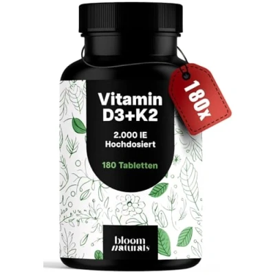 Obrázek Vysoká dávka vitaminu D3 K2 180 tablet s 2000 IU Premium 99,7+% All Trans MK7 vyrobeno v Německu