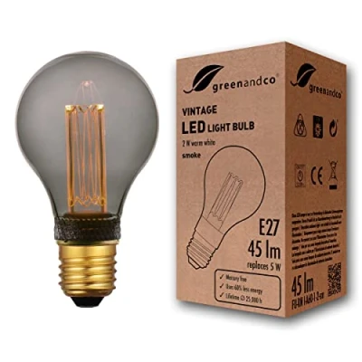 Obrázek greenandco® Vintage designová LED žárovka pro náladové osvětlení E27 A60 Edison 2 W 45 lm 2000 K smoke extra teplá bílá 320 230 V bez mihotání, nestmívatelná, roky záruka