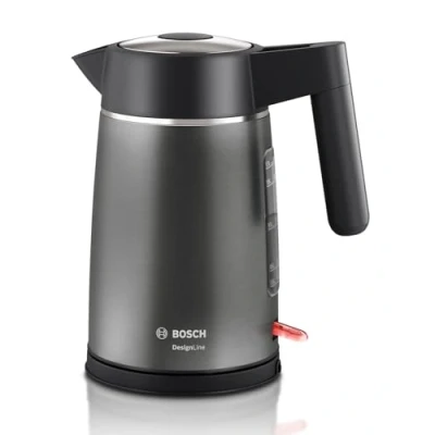 Obrázek Bosch bezdrátová rychlovarná konvice DesignLine TWK5P475, vylévání bez stříkání, ukazatel šálku, extra velký hladiny vody, ochrana proti přehřátí, 1,7 l, 2400 W, šedá