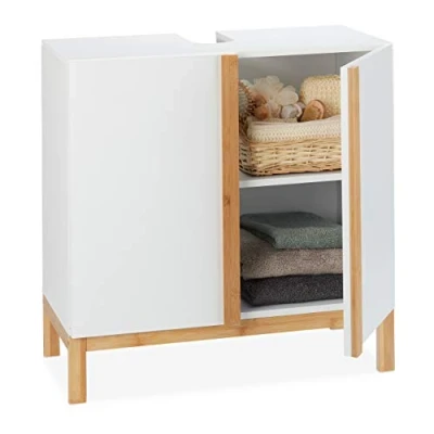 Obrázek Relaxdays, Bílá skříňka pod umyvadlo, 2 přihrádky, koupelnová MDF a bambus, umyvadlo V Š x 60,5 60 30,5 cm, přírodní
