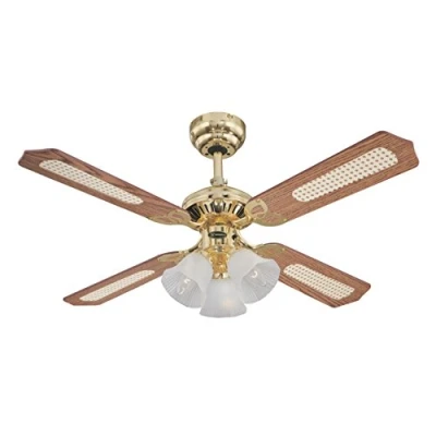 Obrázek 78199 Stropní ventilátor Princess Trio, 105 cm, z leštěné mosazi, pro vnitřní použití, sada svítidel s mléčným sklem