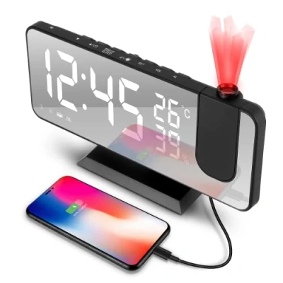 Obrázek tEEZErshop projekční budík, budík s projekcí 180, radiobudík USB konektorem velký LED displej Snooze duální alarm, 4 světlost automatickým stmívačem, 32FM rádio