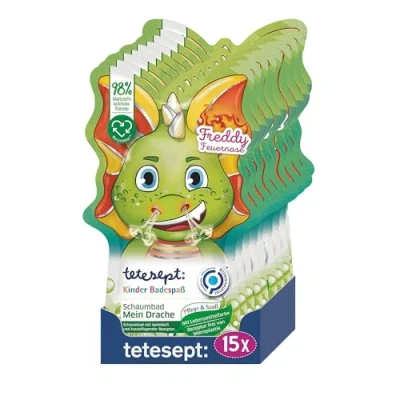 Obrázek tetesept Dětská koupel Pěnová Můj drak s ovocnou vůní jablek a pečující recepturou na kůži pěna do koupele draka zelená voda 15 x 40 ml