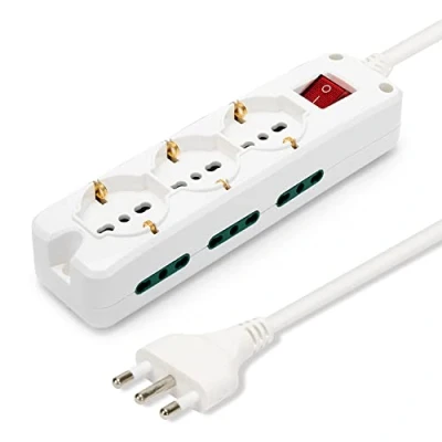 Obrázek Velamp MULTIT I S36 Steckdosenleiste 9fach: 3 Schuko 6 bivalente Steckdosen 10 / 16A. 1,5m Kabel, Lichtschalter und Winkelstecker, Bianco