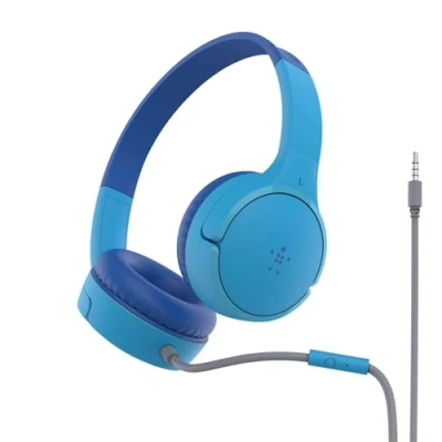 Obrázek Belkin Sound Form Mini sluchátka na uši s kabelem pro děti, headset přes integrovaným mikrofonem do školy, cestování a hraní, přístroje konektorem 3,5 mm, modrá, jedna velikost