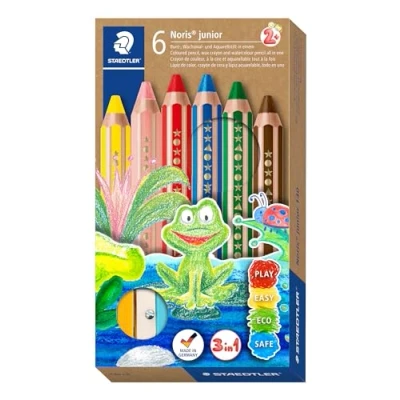 Obrázek STAEDTLER Pastelka 3v1 Noris junior (barevná, voskovka a akvarelová tužka, extra odolná proti zlomení, ideální pro děti, na mnoho povrchů, kartonové pouzdro v 6 barvách vč. ořezávátka), 140 C6