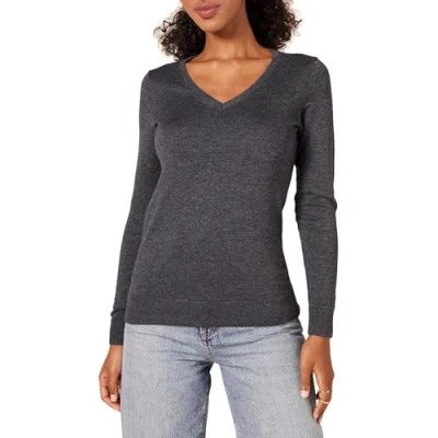Obrázek Amazon Essentials Damen Leichter, Langärmeliger Pullover Mit V Ausschnitt, Klassischer Schnitt (Erhältlich In Übergröße), Dunkelgrau Meliert, L