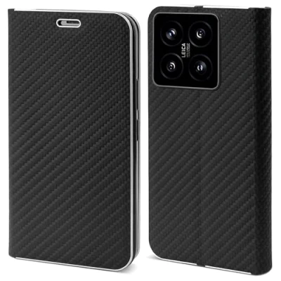 Obrázek Moozy pouzdro pro xiaomi 14, černý Carbon kovová ochrana hran zaklapávací na mobilní telefon ochranné 14 s přihrádkou karty a funkcí stojánku