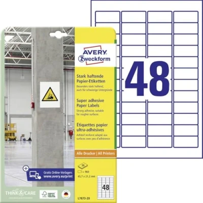 Obrázek AVERY Zweckform L7873 20 silně přilnavé etikety (960 nálepek, 45,7 x 21,2 mm na A4, extrémně samolepicí, také pro obtížné povrchy, lze potisknout Power lepicí etikety) listů, bílá