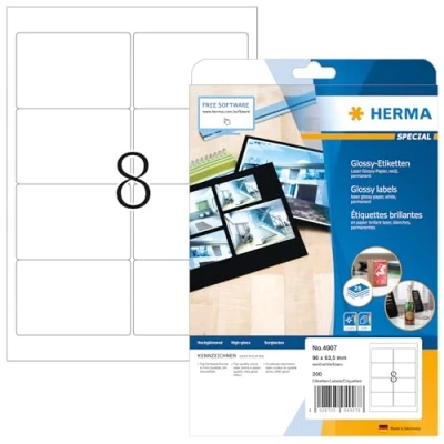 Obrázek HERMA etikety s vysokým leskem 4907, 25 listů, 96 x 63,5 mm, 8 na arch A4, 200 kusů, samolepicí, potisknutelné, lesklé, lesklé papírové lepicí samolepky, bílé