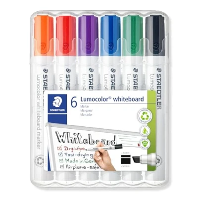 Obrázek STAEDTLER Popisovač na bílou tabuli Lumocolor, suchý a beze zbytku omyvatelný, klínový hrot cca 2 nebo 5 mm, vysoká kvalita Made in Germany, sada 6 barev, 351 B WP6