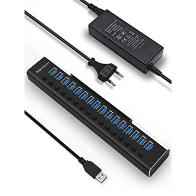 Obrázek RSHTECH 16 portů USB Hub aktivní 3. 0 s 100W síťovým zdrojem, hliník Multiport 12V/8. 3A zdrojem a vypínačem, pro PC, Mobile HDD, flash disk, profesionální Business Grade, RSH A16