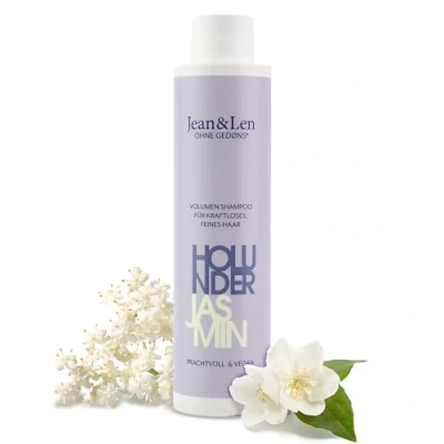 Obrázek Jean &amp; Len Objem šampon bezinky a jasmín, pro silné jemné vlasy, dodává objem, ovocně květinovou vůni, bez parabenů silikonů, veganské, 300 ml
