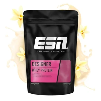 Obrázek ESN Designer Whey Protein prášek, vanilka, 1 kg, až 23 g proteinu na porci, ideální pro růst a udržení svalů, testovaná kvalita made in Germany