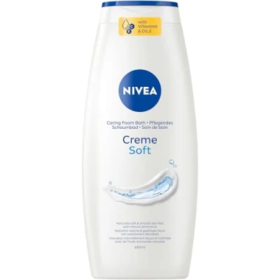 Obrázek NIVEA Krém Soft pečující pěnová koupel, přísada do koupele s jemnou vůní a mandlovým olejem, relaxační koupel chránící pokožku pro pěstěný pocit pokožky (650 ml)