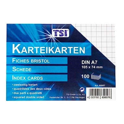 Obrázek TSI Kartotéční lístky bílé, balení po 100 kusech, kostkované, velikost: DIN A7 (105 x 74 mm), č