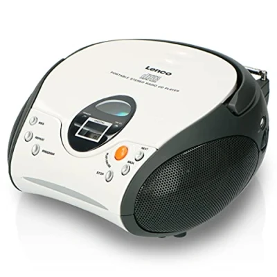 Obrázek Lenco s Auxiliary, SCD 24 SCD24 CD přehrávač pro děti rádio stereo systém Boombox UKW tuner paměť titulů 2 x 1,5 W RMS výkon napájení ze sítě a baterie bílý