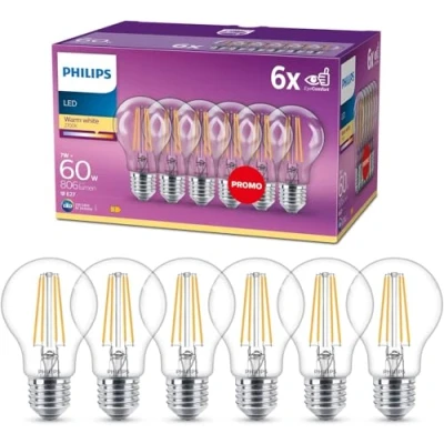 Obrázek Philips LED Classic E27 Filament Lampen 6 er Pack (60 W), mit warmweißem Licht, energiesparende Beleuchtung langer Nutzlebensdauer