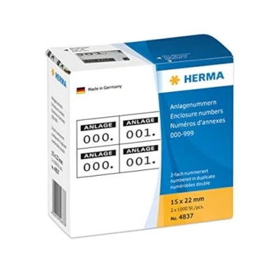 Obrázek HERMA 4837 Číselné štítky čísla 0 999, dvojité, 2000 kusů, 22 x 15 mm, samolepicí, matné, 2krát průběžné papírové číselné štítky, příloh v zásobníku, černá