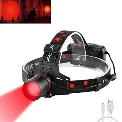Obrázek WESLITE Čelovka červené světlo LED nabíjecí, 1000 lumenů čelovka USB na lov 3 režimy pro astronomii, noční vidění (červená LED)