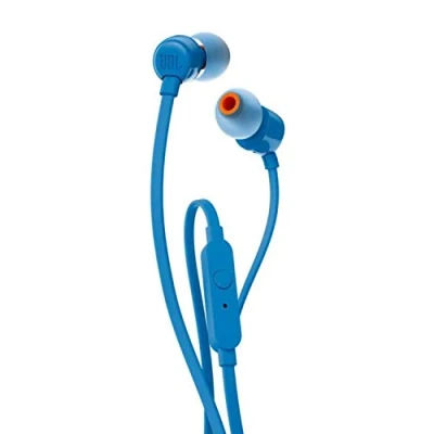 Obrázek JBL Tune 110 sluchátka do uší s plochým kabelem bez zamotávání a mikrofonem v modré barvě pro neomezený požitek z hudby technologií Pure Bass Sound
