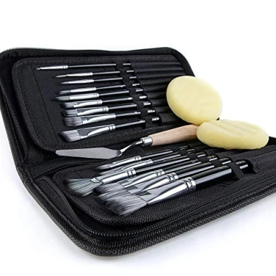 Obrázek ARTIFY 15 teiliges Pinsel Set,mittlere Serie, inklusive Pop Up Tragetasche mit Palettenmesser und 2 Schwämmen, für Acryl , Öl Aquarell Gouachemalerei schwarz