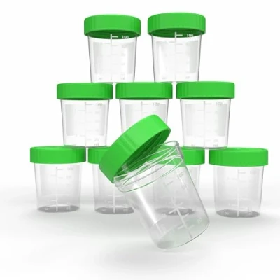 Obrázek Horn Medical Nádoba na moč / kelímek vzorek se šroubovacím uzávěrem objem 125 ml, tabulka rozměrů do 100 ml/3oz, popisovatelný (10 ks)