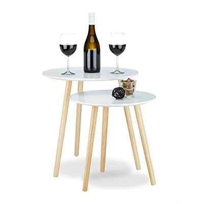 Obrázek Relaxdays Servírovací stolek 2dílná sada skandinávských, 70 ks, noční stolky, jídelní průměr 39 a 47,5 cm, bílý, x 47 cm