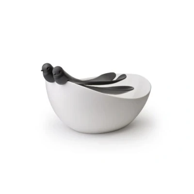 Obrázek QUALY Sparrow salátová mísa + příbor, plast, černá, 230 x 300 155 mm, Salad Bowl with Servers, Bowl, Large Serving, Bowls for Kitchen Plastic,