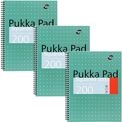 Obrázek Pukka Pad, A4 kostkovaný kovový Jotta poznámkový blok balení 3 ks 29. 7 x 23 cm Spirálový zápisník s papírem 80GSM 4 otvory a perforovanými hranami 200 stran, zelený