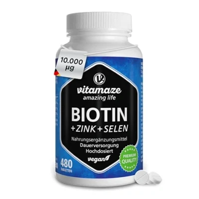 Obrázek Vysoká dávka biotinu 10 000 mcg + selen zinek pro růst vlasů, kůži a nehty, 480 veganských tablet na dní, doplněk stravy bez přísad, vyrobeno v Německu