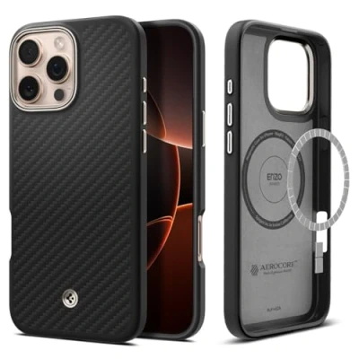 Obrázek Spigen Pro iPhone 16 Max pouzdro [kevlar 1500D ochrana] Enzo aramid MagFit aramidové vlákno tenké Slim nárazuvzdorné ochranné Case na mobil kompatibilní s MagSafe Black Natural